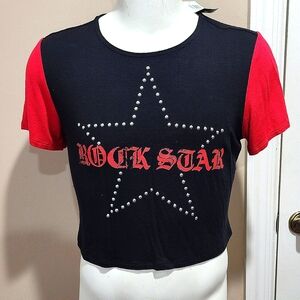 NWT Hot Topic Social Collision Black & Red Rock Star Crop T-Shirt Size 1X Junior